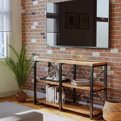 IRONCK Rustic Entryway Console Table, Long Hallway Table 47 in 3-Tier, TV Stand Entertainment Center Media Stand for Living Room, Industrial Style, Vintage Brown
