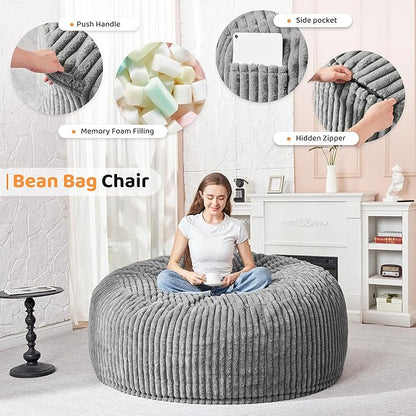 HABUTWAY 3FT Bean Bag Chair, 3' Large Bean Bag Chairs for Adults with Removable Stripe Plush Cover, Memory Foam Beanbag Chair for Living Room Bedroom Dorm (Grey)
