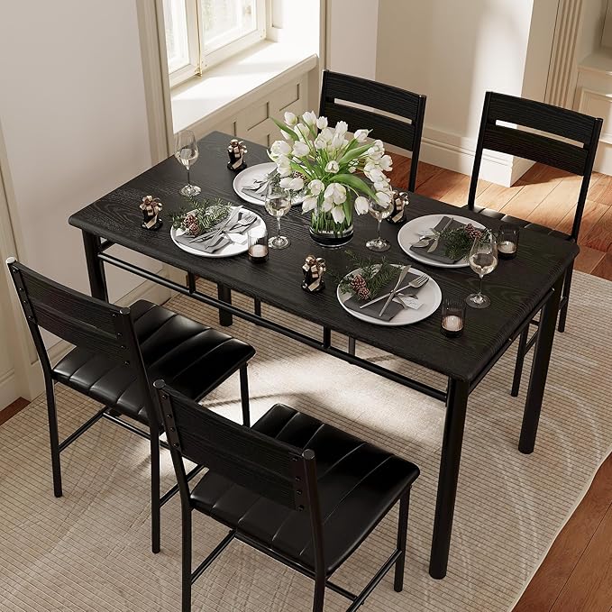 IRONCK Dining Table Set for 4, Wood Kitchen Table with Upholstered Chairs for Kitchen & Dining Room, Compact Dining Set for Small Spaces, Black