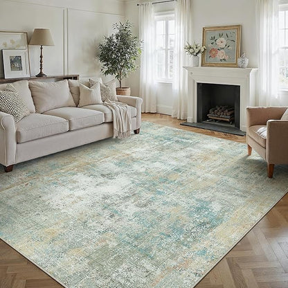 8x10 Washable Area Rug Teal Beige Modern Neutral Abstract Living Room Bedroom Indoor Floor Carpet Low Pile Soft Non-Slip Lightweight Vacuumable Large Throw Rug for Nursery Dining Room