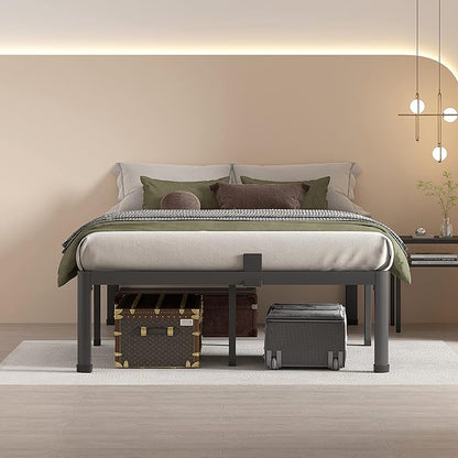 MAF 18 Inch Full Size Bed Frame with Round Corner Legs Mattress Slide Stopper No Box Spring Needed Heavy Duty Metal Platform Bed Frames Under-Bed Storage Space, 3000 LBS Steel Slats Support