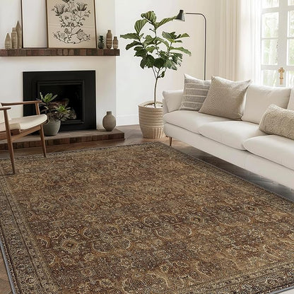 9X12 Area Rugs Machine Washable Rugs for Living Room, Vintage Boho Large Rugs for Bedroom Dining Room, Non Slip Indoor Soft Distressed Lightweight Thin Low Pile Carpet, Rustic Brown