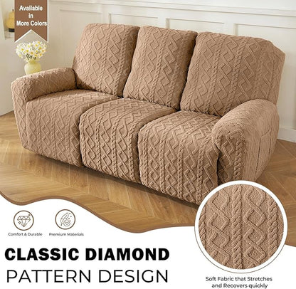 vctops 8 Pieces Geometric Jacquard Plush Recliner Sofa Covers Soft Fuzzy Fluffy 3 Seats Couch Cover Anti-Slip Sofa Slipcover Furniture Protector with Elastic Bottom for Kids Pet(Brown,3 Seat)