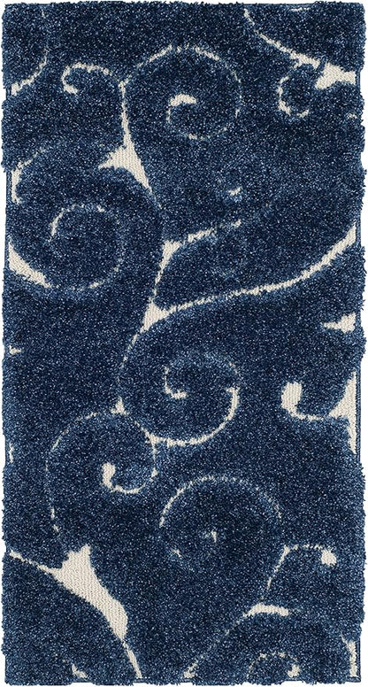 SAFAVIEH Florida Shag Collection Accent Rug - 2'3" x 5', Dark Blue & Cream, Scroll, Non-Shedding & Easy Care, 1.2-inch Thick Ideal for High Traffic Areas in Entryway, Living Room, Bedroom (SG455-6511)
