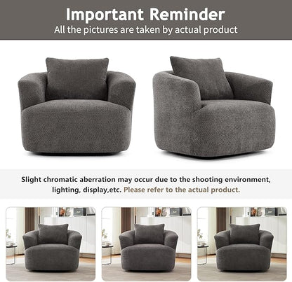 Merax Modern 360° Chenille Swivel Barrel Chair with A Throw Pillow & Armrest, Upholstered Cozy Single Round Sofa with Deep Seating for Living Room Bedroom,Office, Hotel, Easy Assemble, Grey