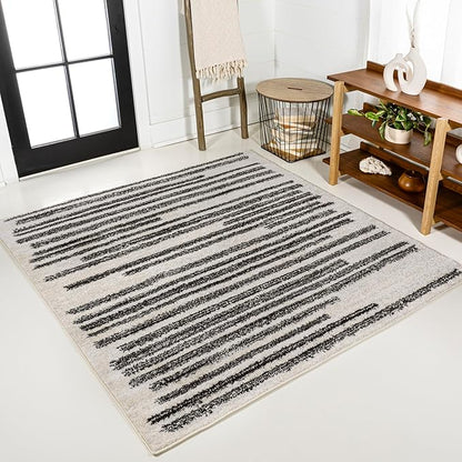 JONATHAN Y Khalil Modern Berber Stripe Cream/Black 6x6 Square Indoor Area Rug, Contemporary, Bohemian, Easy-Cleaning for Living Room, Bedroom, Kitchen, Pet Friendly, Non-Shedding (MOH207A-6SQ)