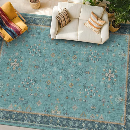 Boho 8x10 Large Teal Green Rugs for Living Room - Vibrant Turquoise Rug for Bedroom under Bed, Dining Room under Kitchen Table, Washable Soft Non Slip Unique Aqua Colorful Indoor Décor teal area rug