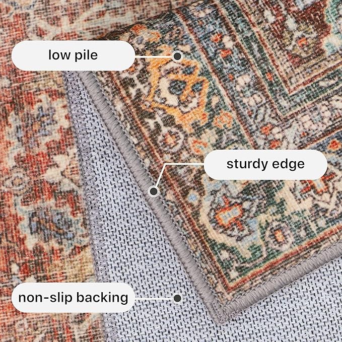 GENIMO 2x3 Area Rugs for Living Room, Machine Washable Non Slip Vintage Rugs, Low Pile Lightweight Chenille Print Rug for Bedroom, Dining Room, Home Office, Terracotta Indigo