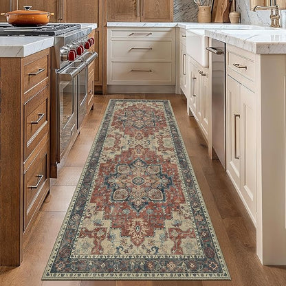 GENIMO 2'6''x12 Runner Rugs for Hallway, Machine Washable Non Slip Vintage Rugs, Low Pile Lightweight Soft Print Rug for enrtyway, Corridor, Home Office, Kitchen, Bordeaux