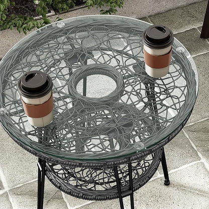 Muse & Lounge Co. Ysar Boho 19-inch Round Coffee Table Outdoor with Tempered Glass Top and Metal Frame, Handcrafted Coastal Furniture for Patio, Poolside, Garden, Yard, Black