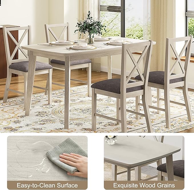 47'' Solid Wood Dining Table for 4-6, Farmhouse Kitchen Table for Kitchen, Dining Room, Restaurant, Natural Eco-Friendly, Washed Gray