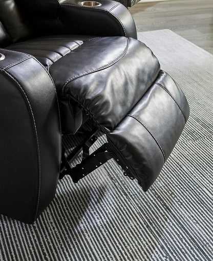 Signature Design by Ashley Caveman Den Modern Faux Leather Power Reclining Loveseat with Console, Adjustable Headrest and LED Lights, Black