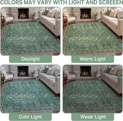 8X10 Area Rugs Machine Washable Rugs for Living Room, Vintage Boho Large Rugs for Bedroom Dining Room, Non Slip Indoor Soft Distressed Lightweight Thin Low Pile Carpet, Turquoise