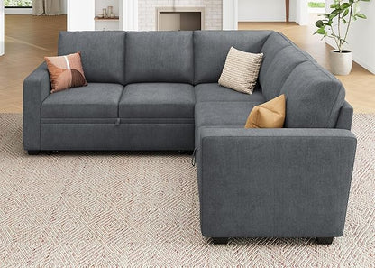 HONBAY Modular Sectional Sleeper Sofa with Pull Out Bed, Chenille L Shaped Couch with Storage Seats, Convertible Sectional Couches for Living Room, Bluish Grey
