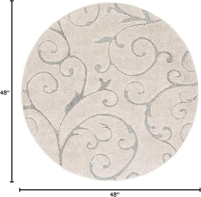 SAFAVIEH Florida Shag Collection 4' Round Beige/Blue Grey SG455 Scrolling Vine Graceful Swirl Textured Non-Shedding Living Room Bedroom Dining Room Entryway Plush 1.2-inch Thick Area Rug