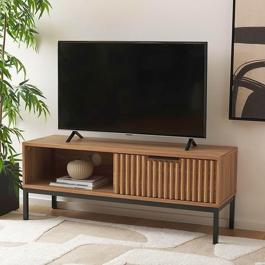 SAFAVIEH Lylia TV Stand for up to 55" Flatscreen – Oak with Black Legs & Handle, 1 Sliding Door, 1 Open Shelf, Entertainment Media Console (MED9617D)
