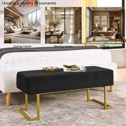 Modern Style Bedroom Double Seat Bench, Cushioned Bed end Stool, Living Room Sofa Stool, Footstool with Golden Iron Legs, Suitable for Bedroom and Living Room (Black, 39.37"x15.74"X16.53")