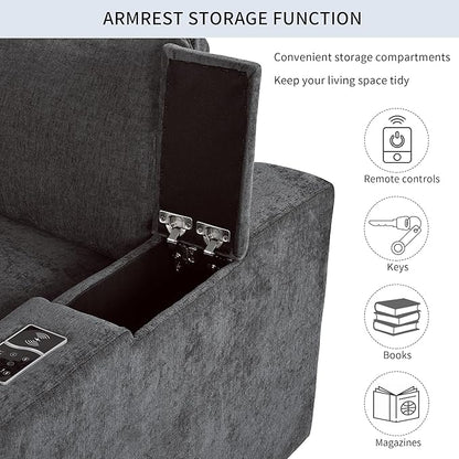 133.9 Inch Modular Convertible Sectional Sofa with Storage, USB Ports, Wireless Charging & Built-in Speaker in Arm, L-Shaped Upholstered Sleeper Couch for Living Room Office, Gray