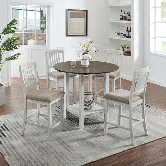 Ball & Cast 5 Pieces Dining Table Set with 4 Chairs and 42" Round Drop Leaf Dining Table,Kitchen Table and Chairs for 4 W/Trestle Table Base,for Small Space,Apartment,Dining Room,Brown White