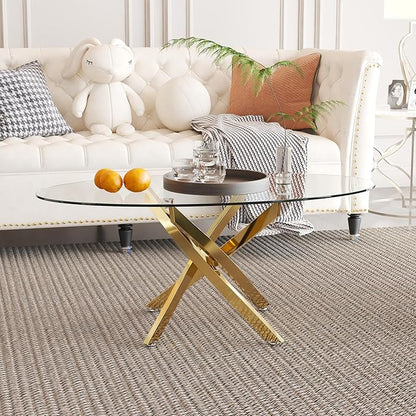 Glass Coffee Table with Chromed Legs, Oval Modern Living Room Center Table for Home Office Living Room (Gold)