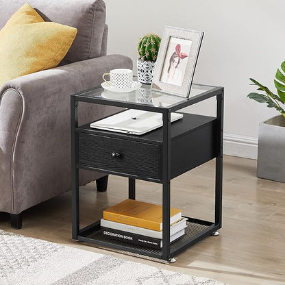 VECELO End Table, Modern Nightstand with Drawer, Night Stand Set of 2 for Bedroom Living Room,Tempered Glass