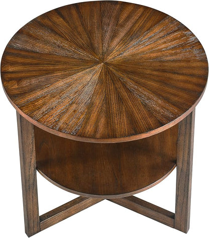 Large Round End Table with Storage Shelf, 25.2" Dia Rustic Beside Tables with Umbrella Top, Traditional Circular Sofa Side Table-,Telephone Table for Living Room Easy Assembly, Vintage Brown CJZ3338NC