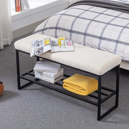 Zesthouse Boucle Shoe Bench Entryway with Storage, Upholstered Bench for Bedroom End of Bed, Metal Shoe Rack for Closet Hallway Doorway Living Room Mudroom, White