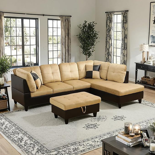 NicBex Sectional Couch 3 Pieces Sofa Set with Left Chaise Lint PVC L Shaped Cloud Couch for Living Room Furniture Sets with Storage Ottoman, Modular Sofa for Living Room & Apartment, Beige+Black