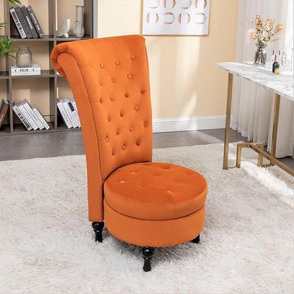 Container Furniture Direct Royal High-Back Velvet Accent Chair for Vanity with Storage and Luxurious Upholstery, Retro Design and Versatile Usage for Livingroom, Bedroom, Lounge and Office, Red Orange