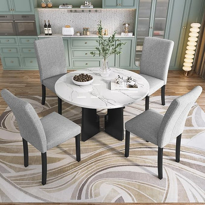 Merax 5-Piece Round Dining Table Set, Modern 4 Upholstered Chairs for Living,Kitchen Room, 43 Inch, White+Gray
