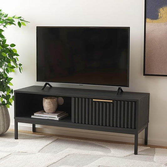 SAFAVIEH Lylia TV Stand for up to 55" Flatscreen – Black with Black Legs & Gold Handle, 1 Sliding Door, 1 Open Shelf, Entertainment Media Console (MED9617B)