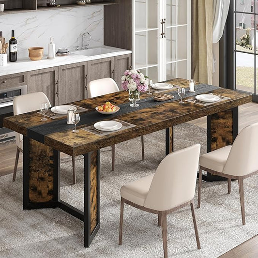 Industrial Dining Table for 6-8 People, 71" Large Long Wooden Kitchen Table with Sturdy Metal Frame & Brown Finish, Rustic Style Rectangular Dinner Table for Dining Room, Kitchen (Vintage Brown)