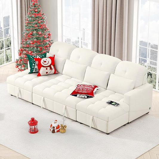 Ball & Cast 110.2" Oversized Versatile Sectional Sleep Sofa with Two USB Ports,U-Shape 4 Seat Pull-Out Couch w/Double Storage Chaise Lounges,for Living Room,Apartment,Office,Beige