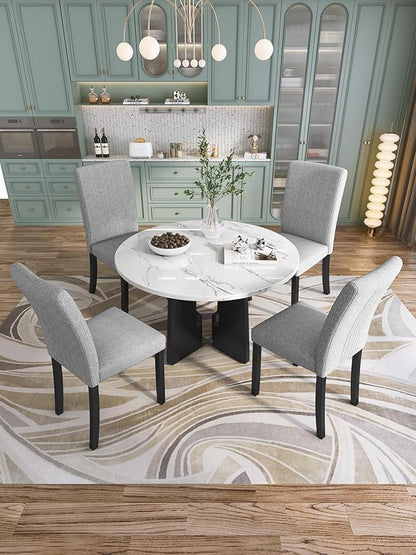 Merax 5-Piece Round Dining Table Set, Modern 4 Upholstered Chairs for Living,Kitchen Room, 43 Inch, White+Gray