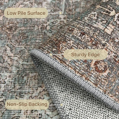 9X12 Area Rugs Machine Washable Rugs for Living Room, Vintage Boho Large Rugs for Bedroom Dining Room, Non Slip Indoor Soft Distressed Lightweight Thin Low Pile Carpet, Dusty Blue