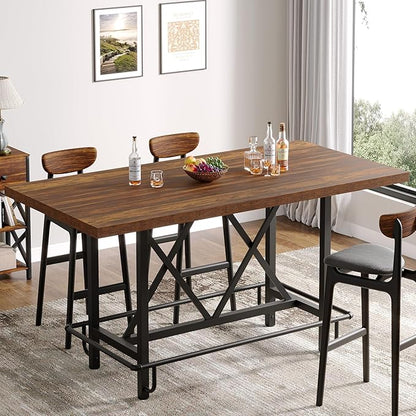 Tribesigns Bar Table, Industrial Counter Height Pub Table with Metal Footrest, 63-Inch Rectangle Wood Kitchen Dining Table with Sturdy Metal Frame for Dining Room, Home Bar (Brown)
