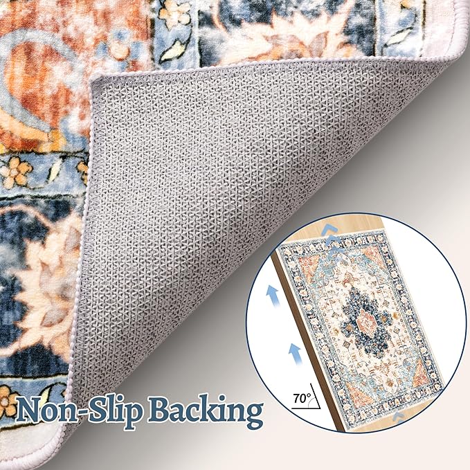 Tangsoo 8x10 Area Rug for Living Room, Washable Vintage Indoor Non Slip Large Area Rugs, Print Distressed Blue/Beige Carpet, Soft Low Pile Foldable Floor Rug for Bedroom Dining Room Dorm