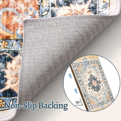 Tangsoo 2x6 Washable Runner Rug for Hallways, Non Slip Vintage Rugs, Soft Low Pile, Print Distressed Blue/Orange Carpet Runners for Kitchen Bedroom Entryway Bathroom Living Room