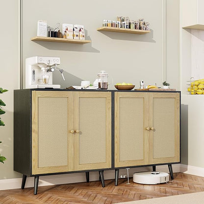 Rattan Sideboard Buffet, Accent Cabinet Cupboard Console Small Cabinet with Doors and Adjustable Shelve for Kitchen & Entryway Storage, Black