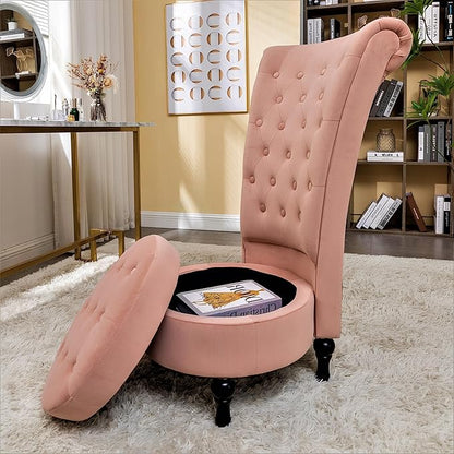 Container Furniture Direct Royal High-Back Velvet Accent Chair for Vanity with Storage and Luxurious Upholstery, Retro Design and Versatile Usage for Living Room, Bedroom, Lounge and Office, Rose