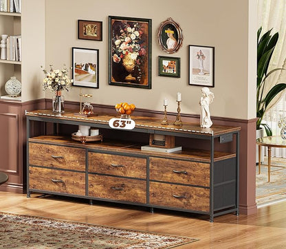 Huuger 63 Inch TV Stand for 55, 65, 70 Inch TV, Long Dresser TV Stand for Bedroom, LED TV Stand with Power Outlets, Rustic Fabric Drawer Dresser with Storage, Entertainment Center for Living Room