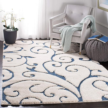 SAFAVIEH Florida Shag Collection Area Rug - 5'3" x 7'6", Cream & Blue, Scroll Design, Non-Shedding & Easy Care, 1.2-inch Thick Ideal for High Traffic Areas in Living Room, Bedroom (SG455-1165)