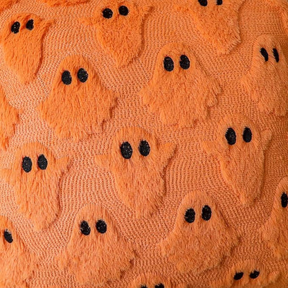 4TH Emotion Halloween Ghost Decorative Pillow Covers 18x18 Set of 2, Orange Soft Plush Faux Fur Farmhouse Throw Cushion Cases for Fall Autumn Holiday Home Decorations