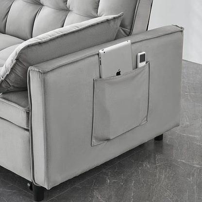 Ball & Cast Velvet Futon Sofa Couch with Pull-Out Bed,3 in 1 Convertible Sleeper Sofa Bed,Convertible Pull Out Couches W/2 Pillows,Adjustable Backrest & Side Pocket,for Living Room,Apartment,Gray,55"