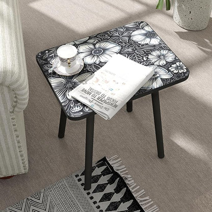 Mandala Small Rectangle End Table, Side Table with Black Flowers Finish, Retro Modern Small Coffee Table for Balcony, Living Room(11.8" D x 15.7" W x 17" H, Black, Rectangle)