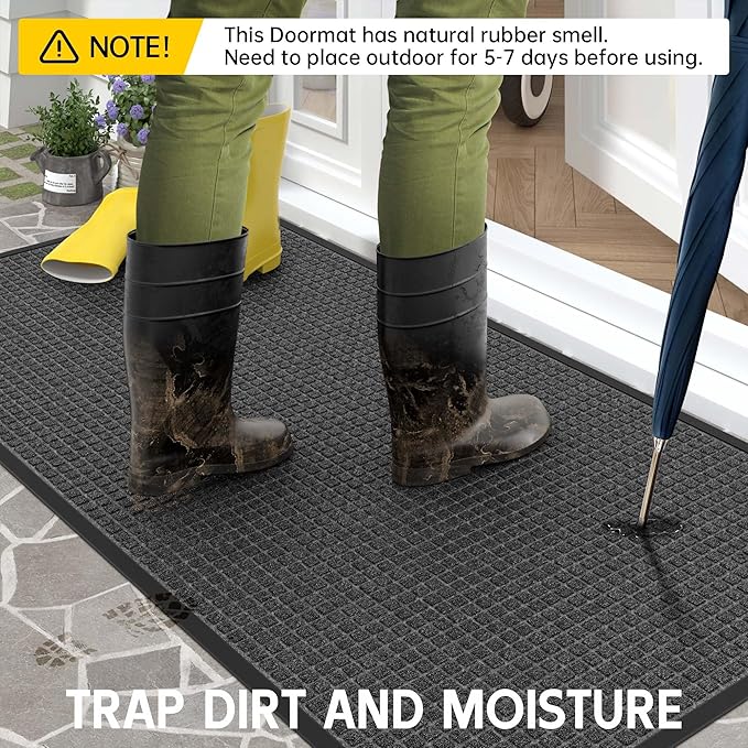 Sturdy Front Door Mat Outside Entrance, 4' x 2' All-Season All-Weather Doormat Waterproof, Stain and Fade Resistant, Natural Rubber Indoor Outdoor Welcome Door Mat Trap Dirt