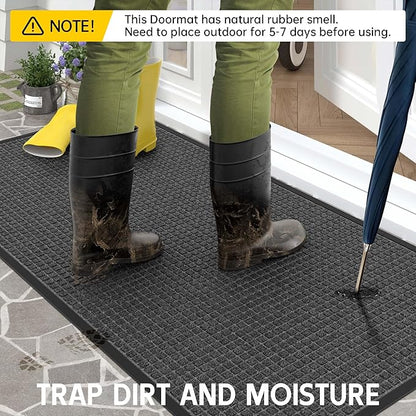 Sturdy Front Door Mat Outside Entrance, 4' x 2' All-Season All-Weather Doormat Waterproof, Stain and Fade Resistant, Natural Rubber Indoor Outdoor Welcome Door Mat Trap Dirt