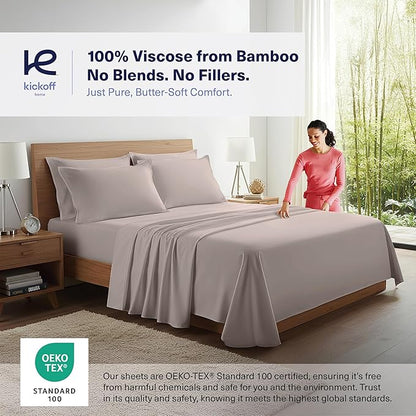 Kickoff Viscose Bamboo Sheets Queen Size 4-pc 100% Organic Bamboo Viscose Bed Cooling Sheets Queen Size Set Cool Bedding for hot Sleepers Sheet, Flat, Fitted, Pillowcases (Grey Mist, Q)