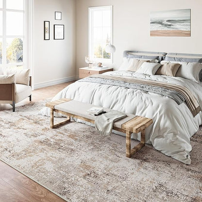 10x12 Washable Area Rug Brown Grey Abstract Neutral Living Room Bedroom Large Throw Rug Non Slip Soft Distressed Low Pile Indoor Floor Carpet for Kitchen Office Entryway