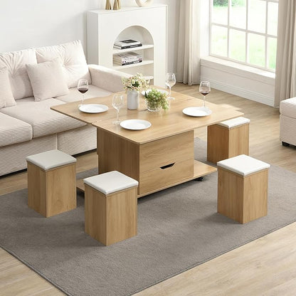 Merax Multi-Functional Lift-Top Coffee Table with Hidden Storage and Stools,Multi-Function Modern Center Table with 4 Stools and Casters,Perfect for Modern Living Spaces, Natural & White